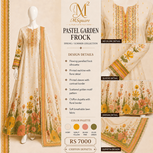 Pastel Garden Ivory Floral 2-Piece Printed Suit Frock with Chiffon Dupatta – 0117M