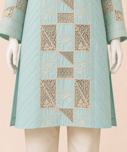 Mint Aqua Embroidered Crochet cut lawn 2-Piece Suit – 42" Length – 0080M