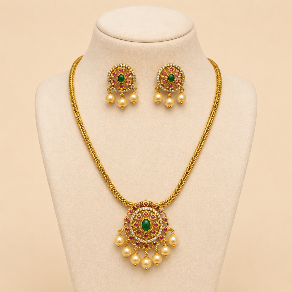 Emerald Ruby Pearl Medallion Necklace Set – 0137M