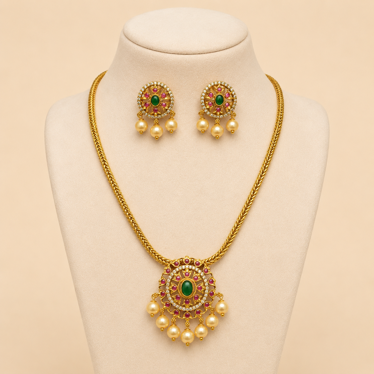 Emerald Ruby Pearl Medallion Necklace Set – 0137M