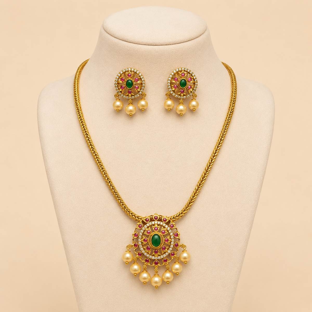 Emerald Ruby Pearl Medallion Necklace Set – 0137M