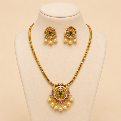 Emerald Ruby Pearl Medallion Necklace Set – 0137M
