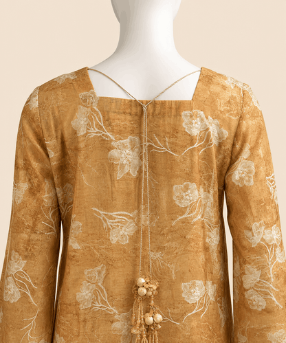 Golden Mocha Floral Embroidery Long Shirt Set – 0132M