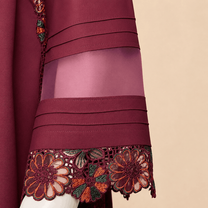 Burgundy Floral Lace Organza patch-Sleeve 2-Piece Suit – 0076M