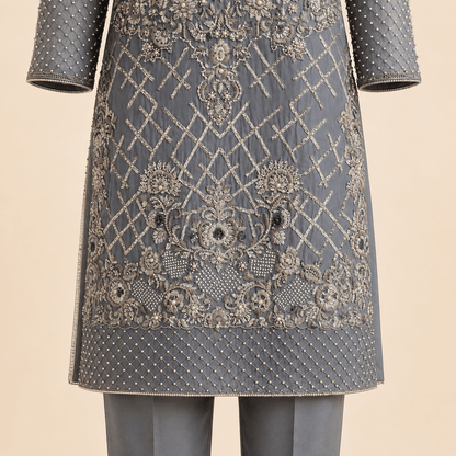 Slate Grey Pearl-Embroidered Kurta Set – 0135M