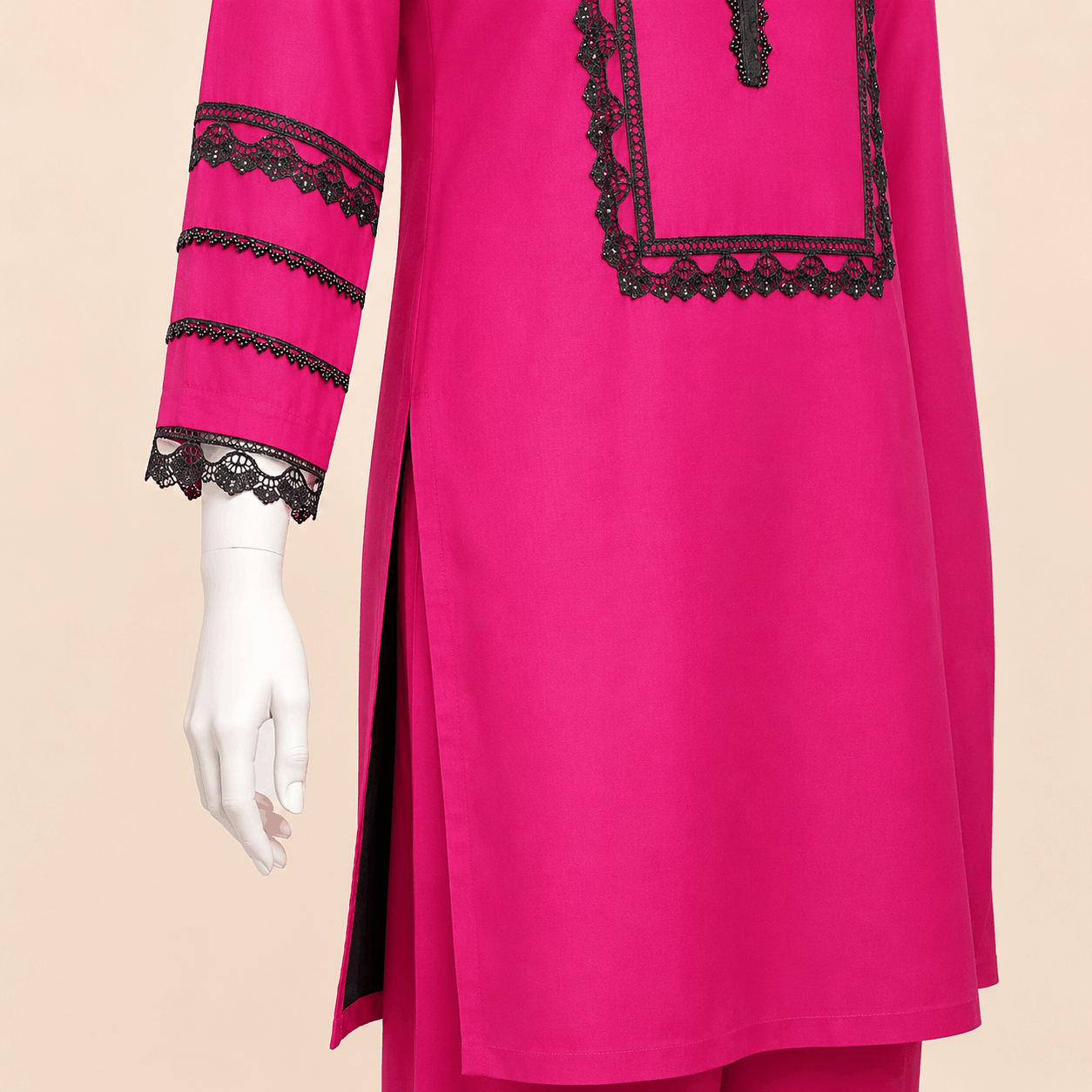 Fuchsia Pink Black Lace 3-Piece Suit with Ombre Dupatta – 0078M