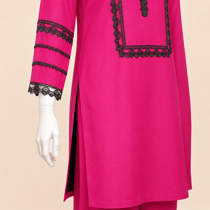 Fuchsia Pink Black Lace 3-Piece Suit with Ombre Dupatta – 0078M