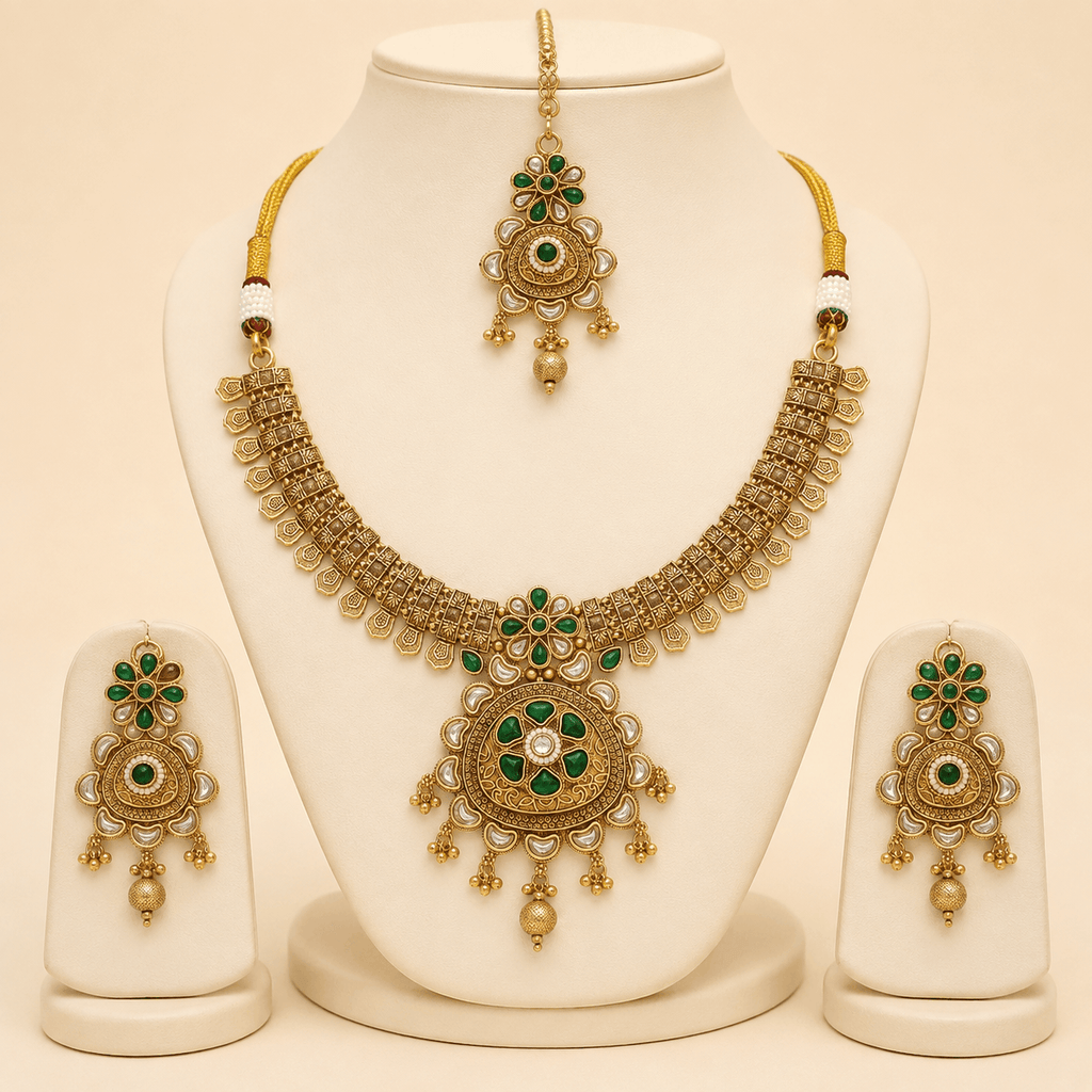 Antique Gold Green Stone Necklace Set – 0149M