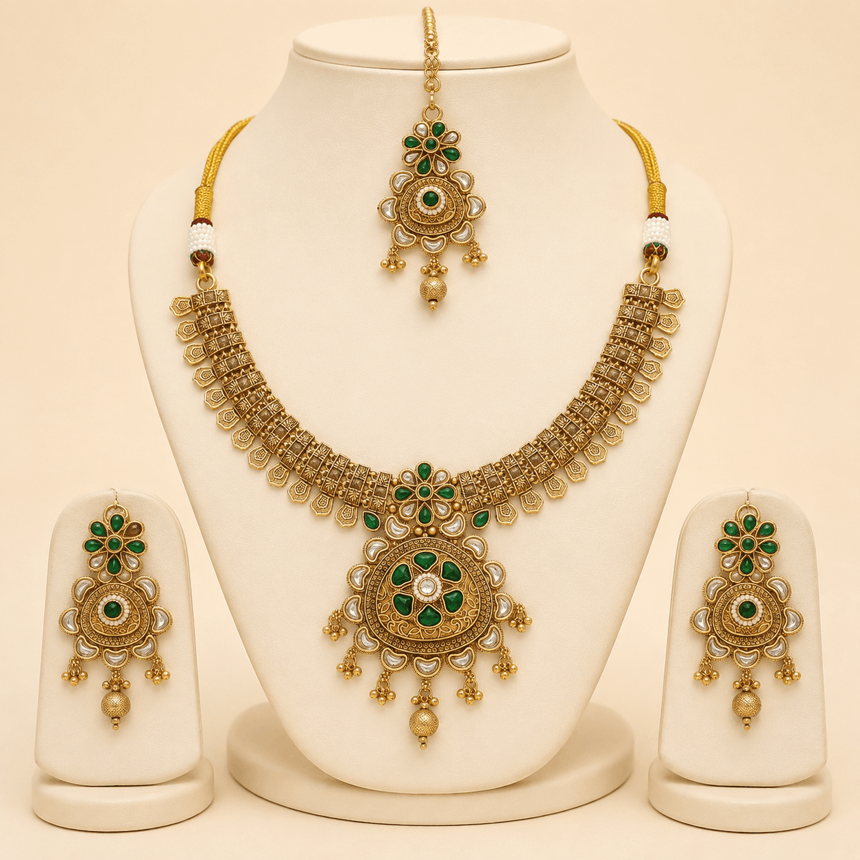 Antique Gold Green Stone Necklace Set – 0149M