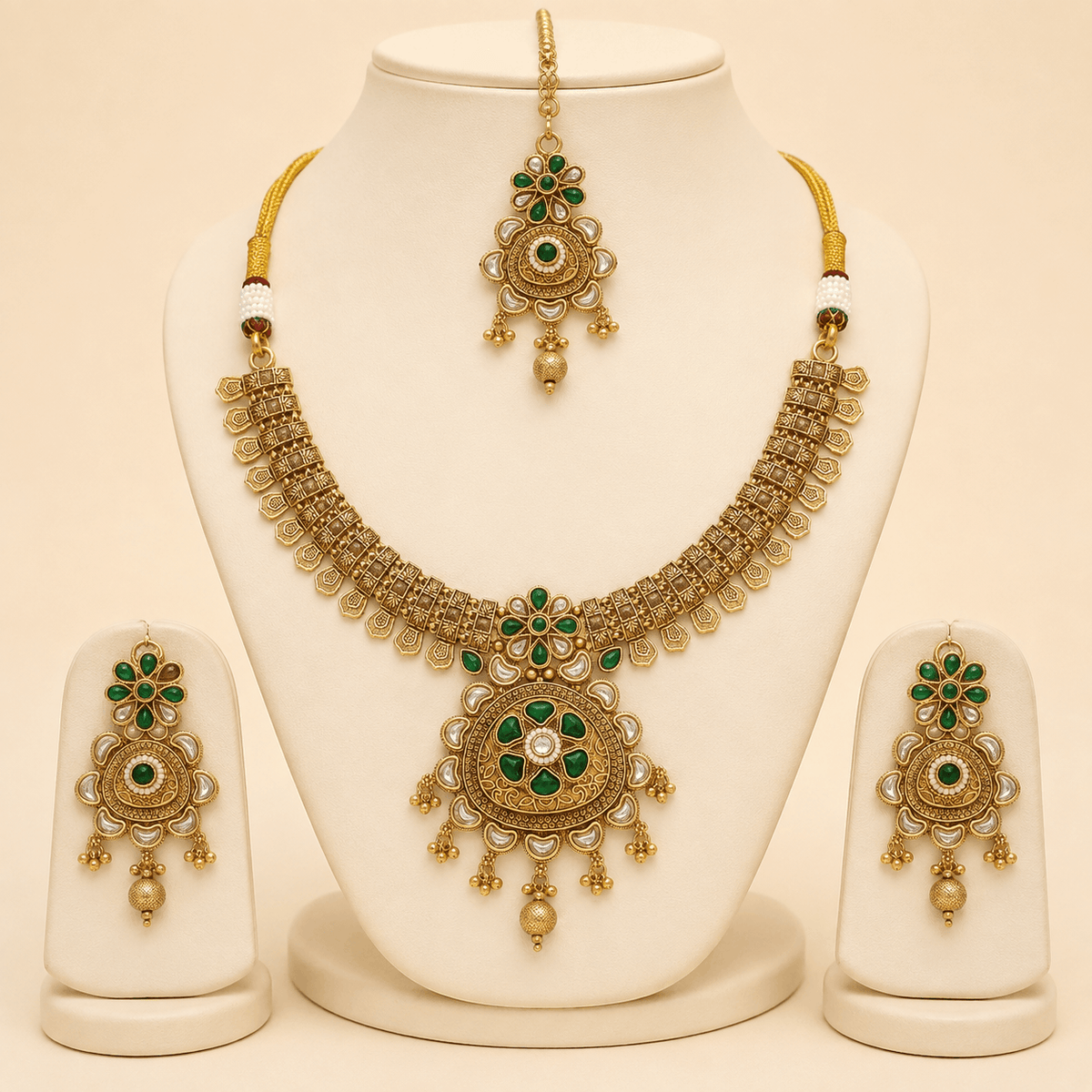 Antique Gold Green Stone Necklace Set – 0149M