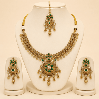 Antique Gold Green Stone Necklace Set – 0149M