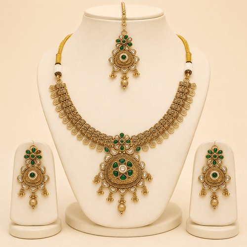 Antique Gold Green Stone Necklace Set – 0149M