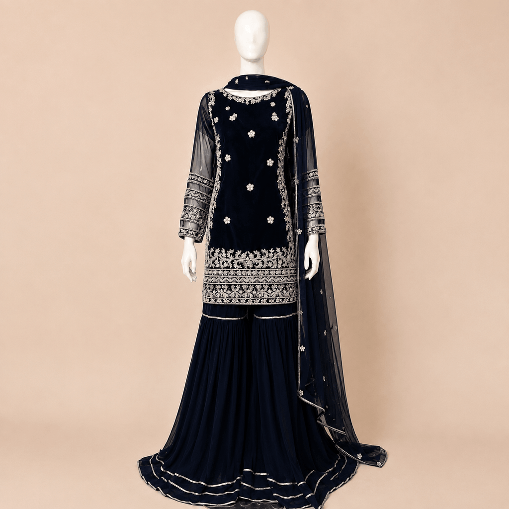 Midnight Navy Embellished Farshi Gharara Suit – 0097M