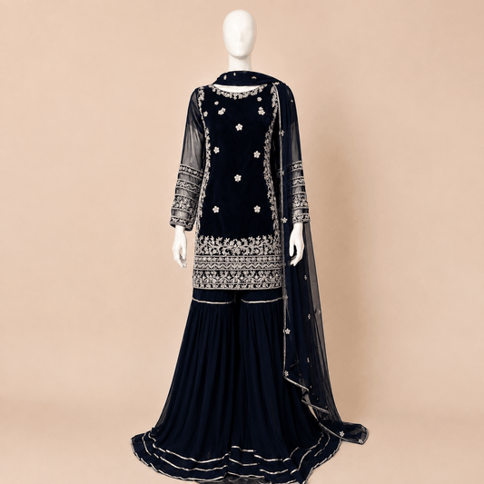 Midnight Navy Embellished Farshi Gharara Suit – 0097M