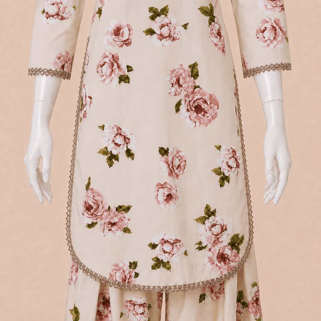 Ivory Blush Rose Printed Lace-Trim Lawn 2-Piece Suit with Farshi shalwar– 0081M
