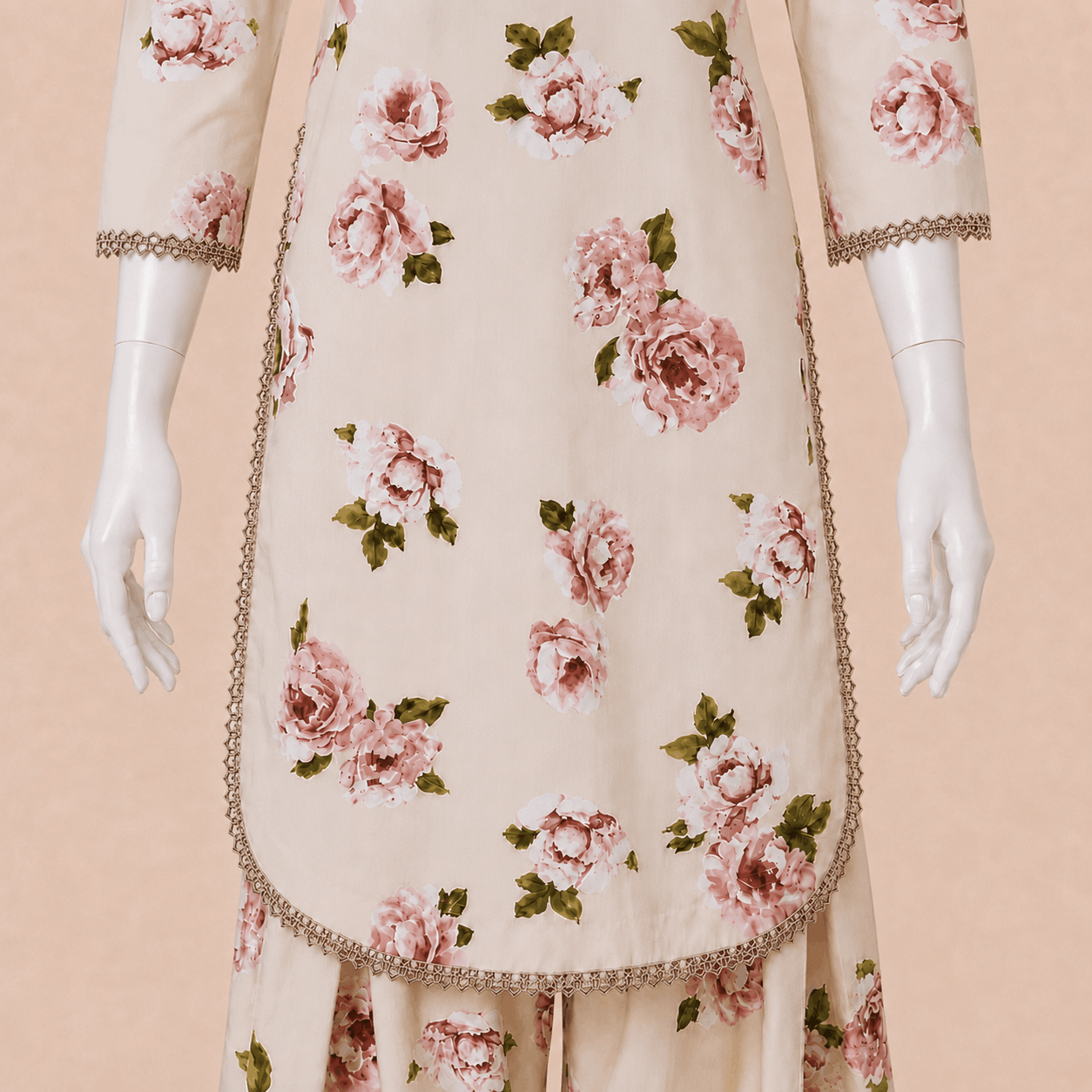 Ivory Blush Rose Printed Lace-Trim Lawn 2-Piece Suit with Farshi shalwar– 0081M