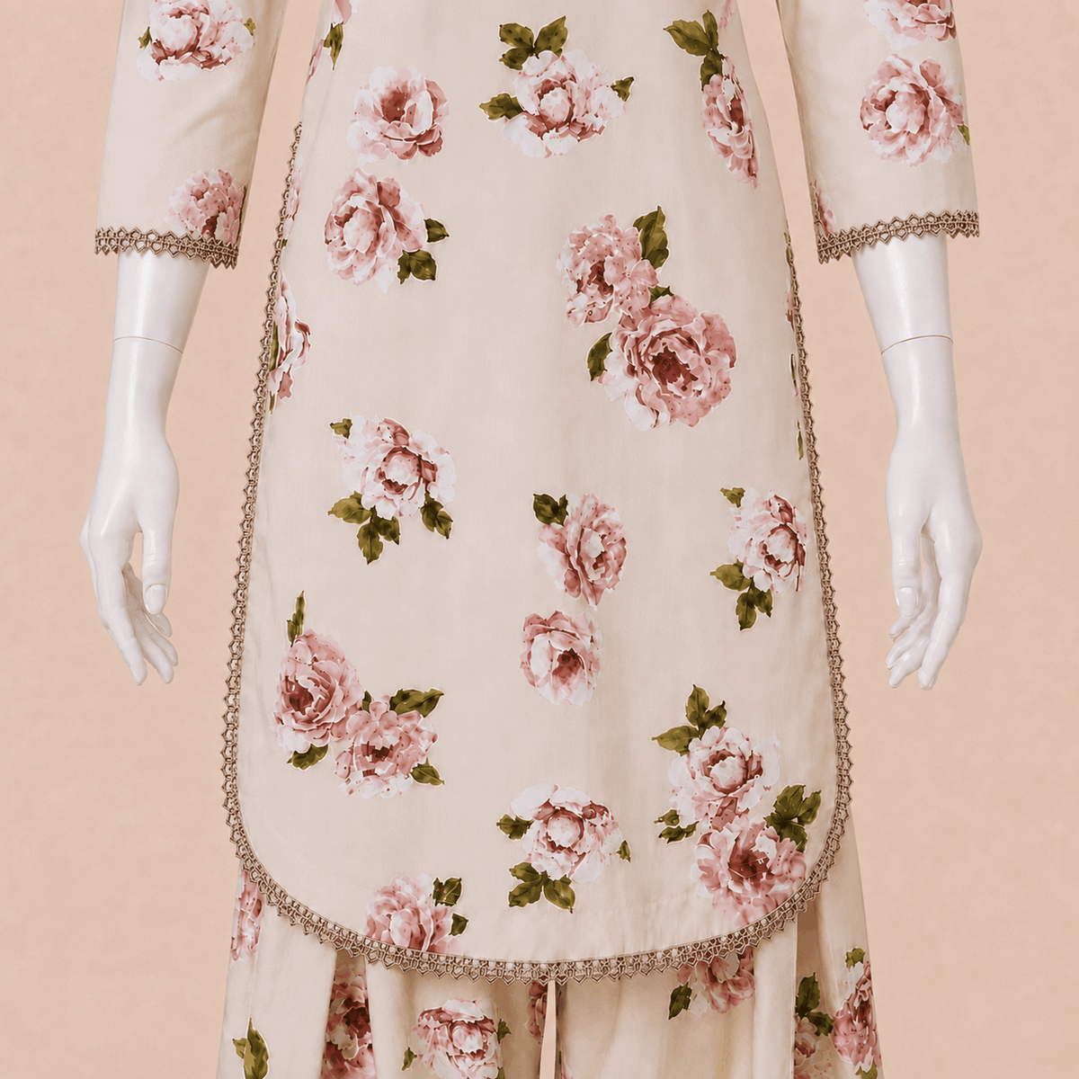 Ivory Blush Rose Printed Lace-Trim Lawn 2-Piece Suit with Farshi shalwar– 0081M