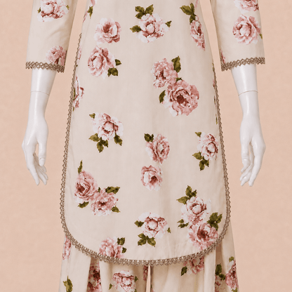 Ivory Blush Rose Printed Lace-Trim Lawn 2-Piece Suit with Farshi shalwar– 0081M