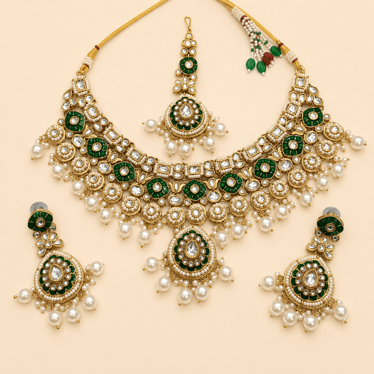 Emerald Pearl Bridal Necklace Set with Earrings & Maang Tikka – 0140M