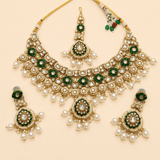 Emerald Pearl Bridal Necklace Set with Earrings & Maang Tikka – 0140M