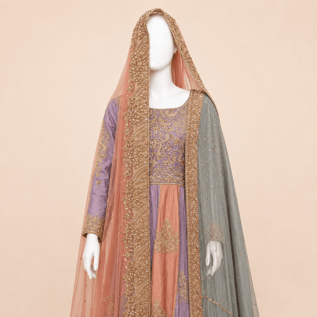 Pastel Lavender & Peach Gold Embroidered Double long Dupatta Bridal Anarkali Maxi – 0100M