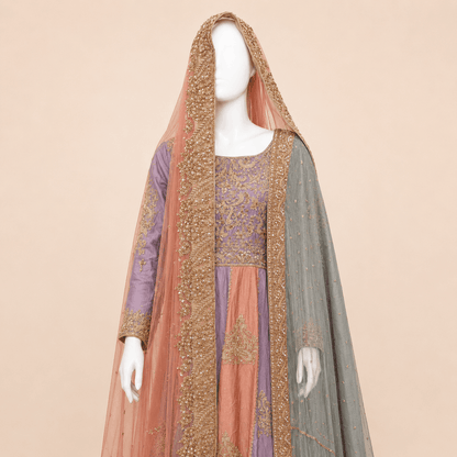 Pastel Lavender & Peach Gold Embroidered Double long Dupatta Bridal Anarkali Maxi – 0100M