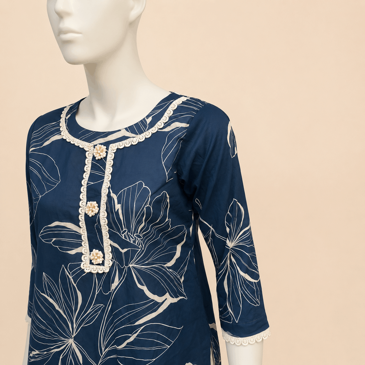 Elegant Navy Blue Floral Print 2-Piece Suit with Pearl Detail – 0115M