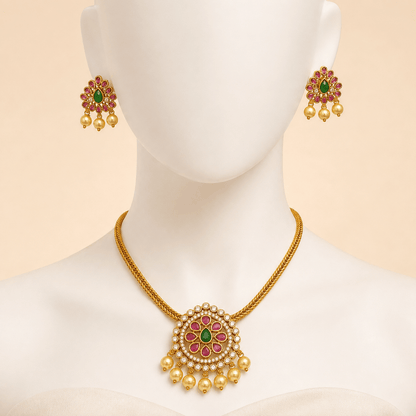 Ruby Emerald Kundan Pearl Necklace Set – 0136M