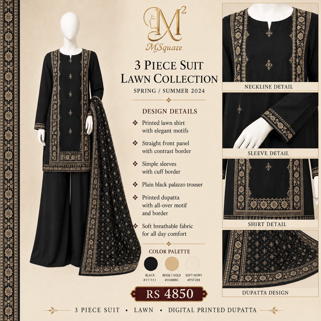 Midnight Noor Black Ethnic Printed 3-Piece Lawn Suit with Digital Printed Dupatta – 0121M