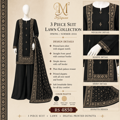 Midnight Noor Black Ethnic Printed 3-Piece Lawn Suit with Digital Printed Dupatta – 0121M