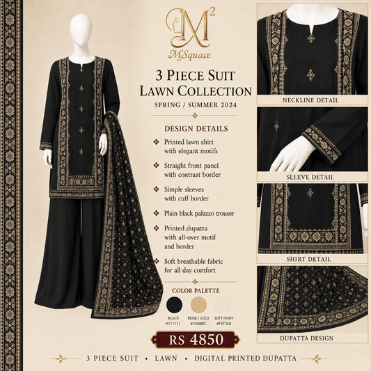 Midnight Noor Black Ethnic Printed 3-Piece Lawn Suit with Digital Printed Dupatta – 0121M