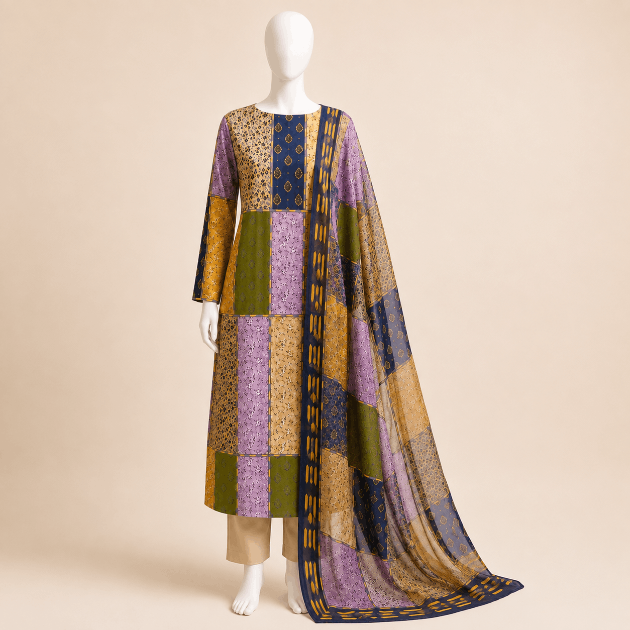 Midnight Mosaic Patchwork Lawn 2-piece Suit with Chiffon Dupatta – 0118M