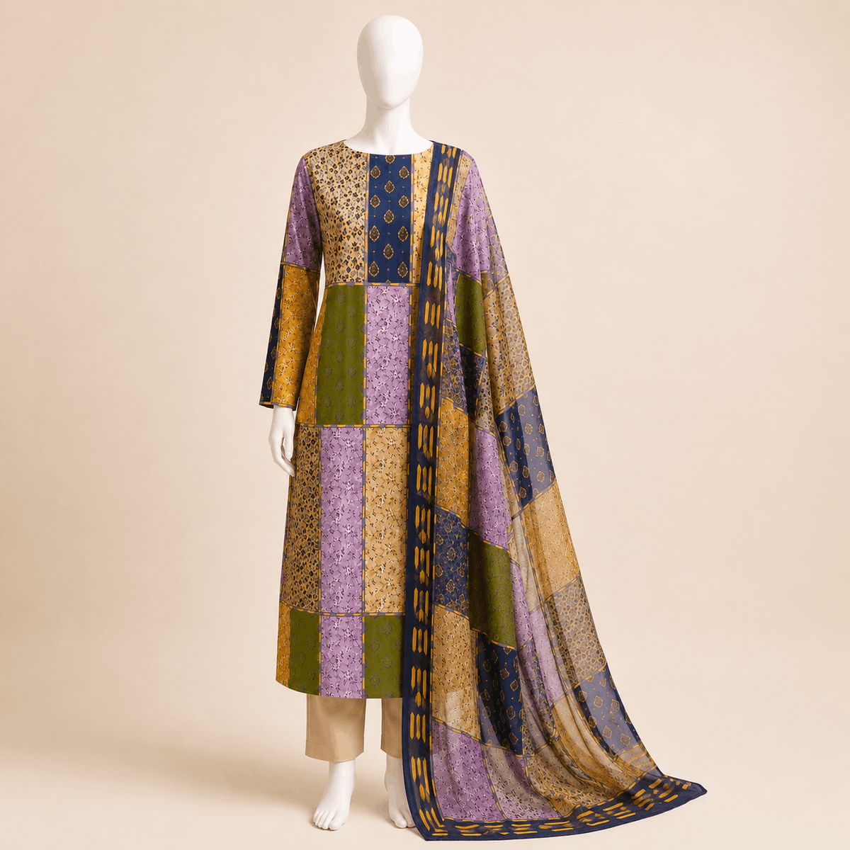 Midnight Mosaic Patchwork Lawn 2-piece Suit with Chiffon Dupatta – 0118M