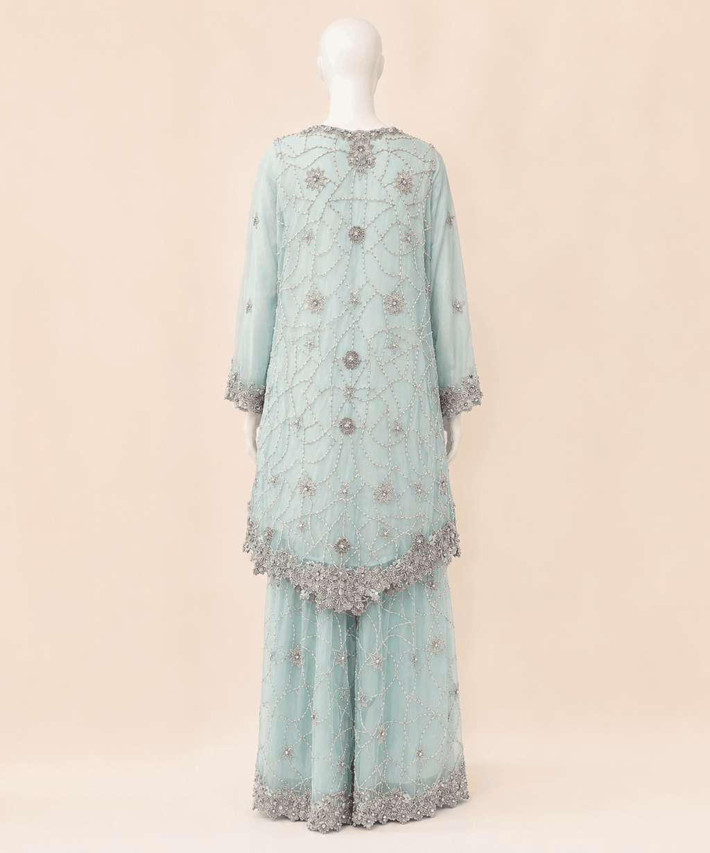 Mint Aqua Hand-Embellished Peplum & Gharara Set – 0146M