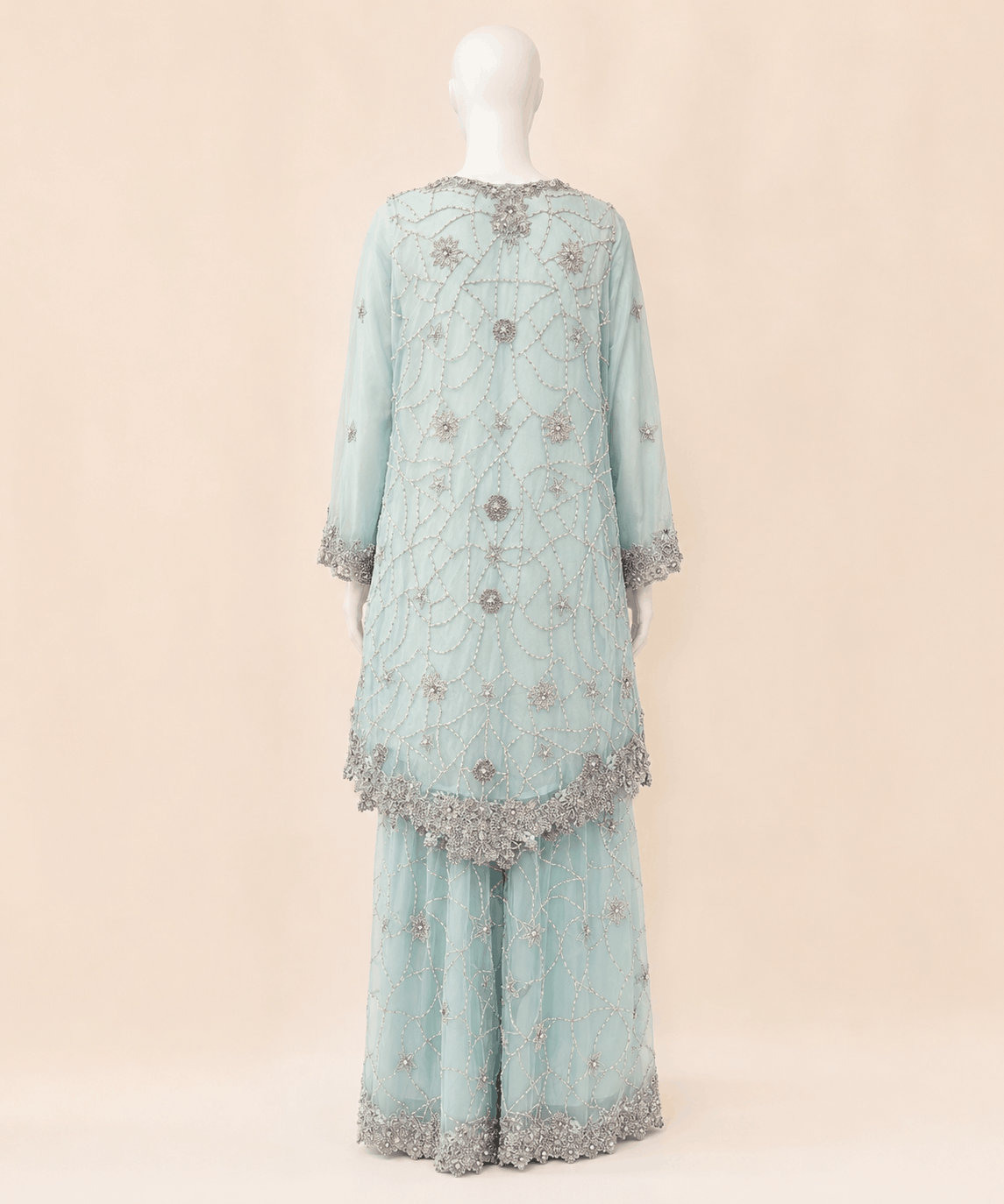 Mint Aqua Hand-Embellished Peplum & Gharara Set – 0146M