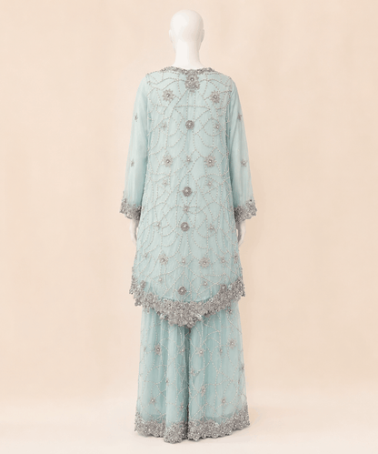 Mint Aqua Hand-Embellished Peplum & Gharara Set – 0146M