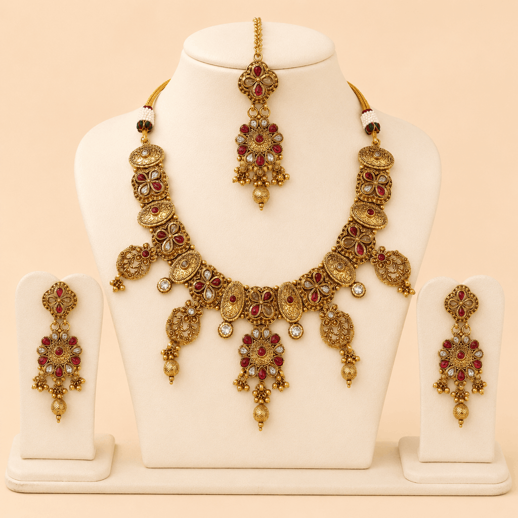 Antique Gold Ruby Floral Jewellery Set – 0152M