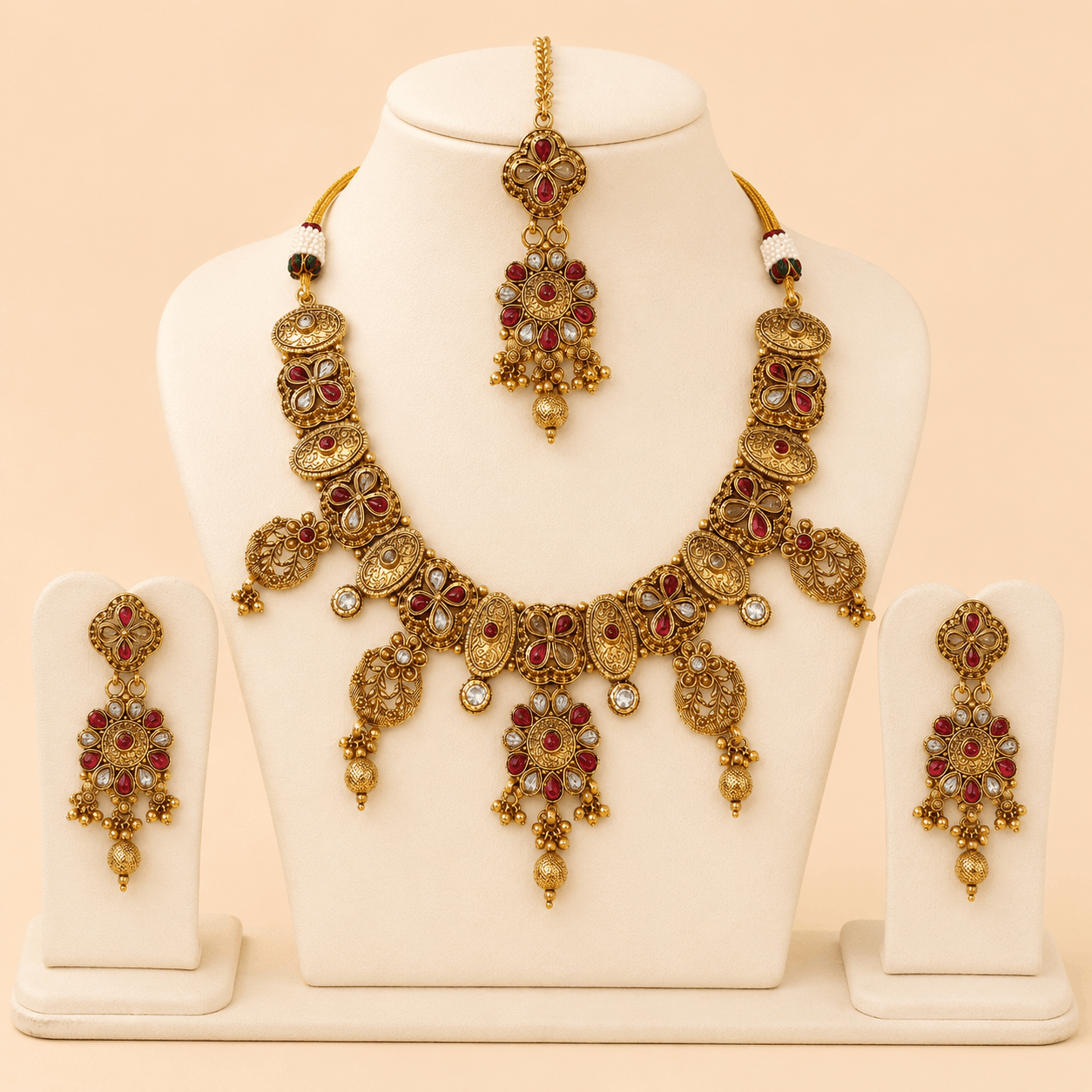 Antique Gold Ruby Floral Jewellery Set – 0152M