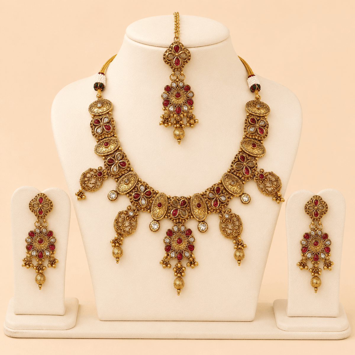 Antique Gold Ruby Floral Jewellery Set – 0152M