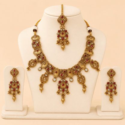 Antique Gold Ruby Floral Jewellery Set – 0152M