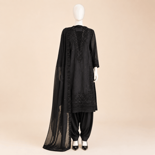 Black Embroidered Shalwar Suit with Chiffon Dupatta – 0145M