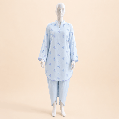 Sky Blue Floral Embroidered Lace with Tulip Shalwar 2-Piece – 0126M