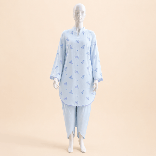 Sky Blue Floral Embroidered Lace with Tulip Shalwar 2-Piece – 0126M