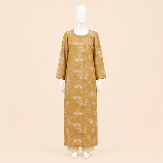 Golden Mocha Floral Embroidery Long Shirt Set – 0132M