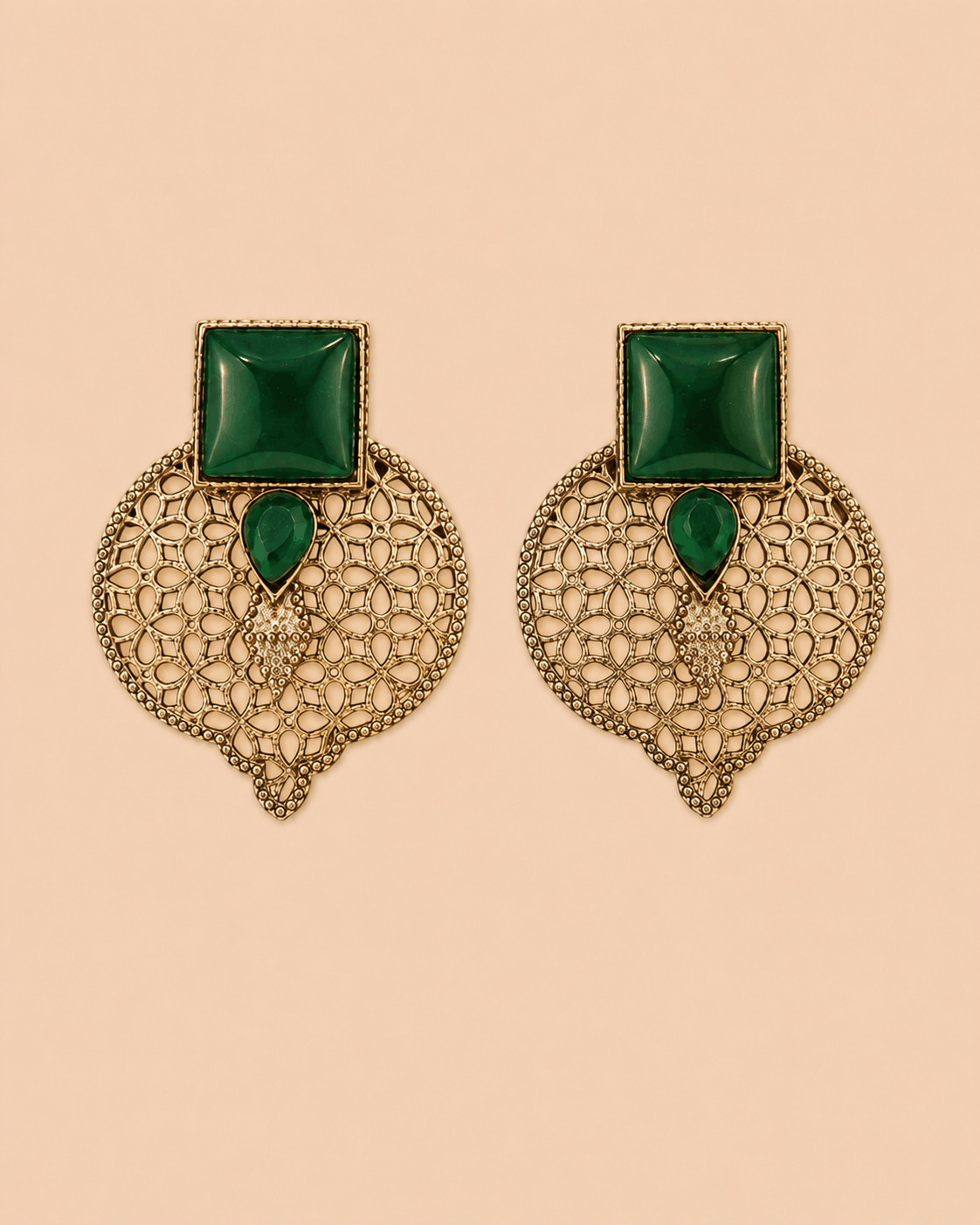 Oxidised Gold Filigree Earrings with Bottle Green Stones – SKU 0010M