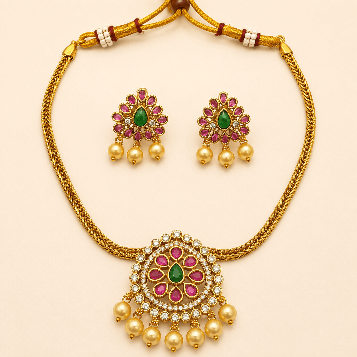 Ruby Emerald Kundan Pearl Necklace Set – 0136M