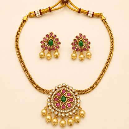Ruby Emerald Kundan Pearl Necklace Set – 0136M