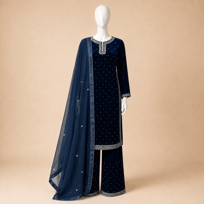 Midnight Navy Velvet Embellished 3-Piece Formal Suit – 0096M