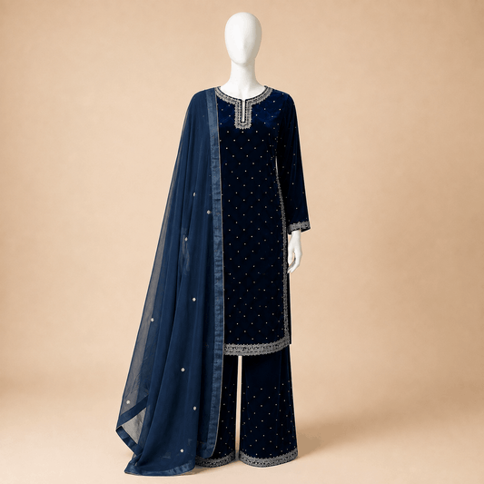Midnight Navy Velvet Embellished 3-Piece Formal Suit – 0096M