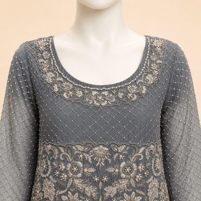 Slate Grey Pearl-Embroidered Kurta Set – 0135M